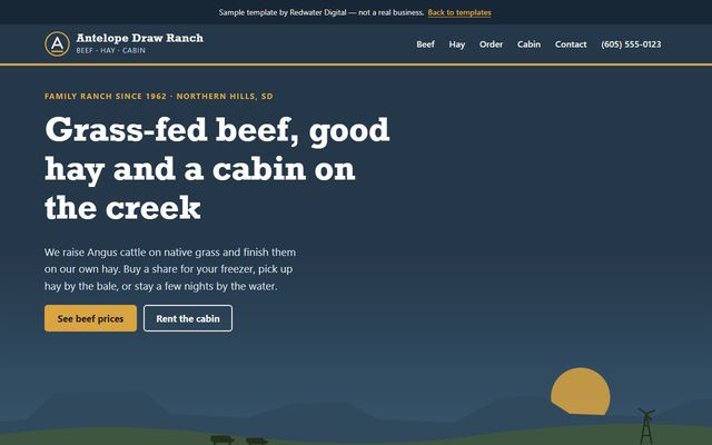 Ranch template home page: a ranch selling beef and hay, with a cabin to rent.