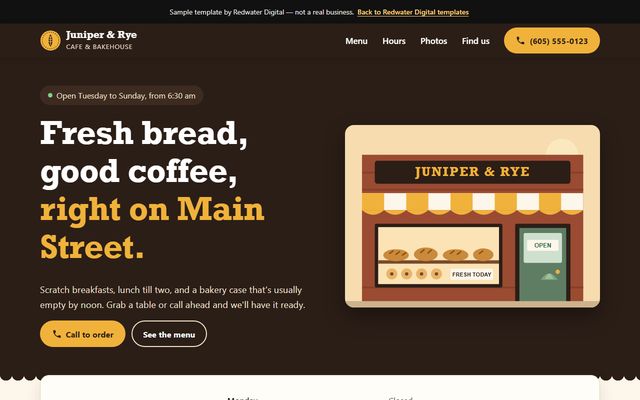 Shop template home page: a cafe and bakery with opening hours, menu favourites and photos.